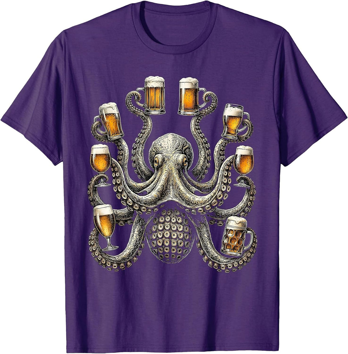 Octopus Holding Eight Beers Funny Drinking Art T-Shirt, Men, Purple, Large - As Pictured