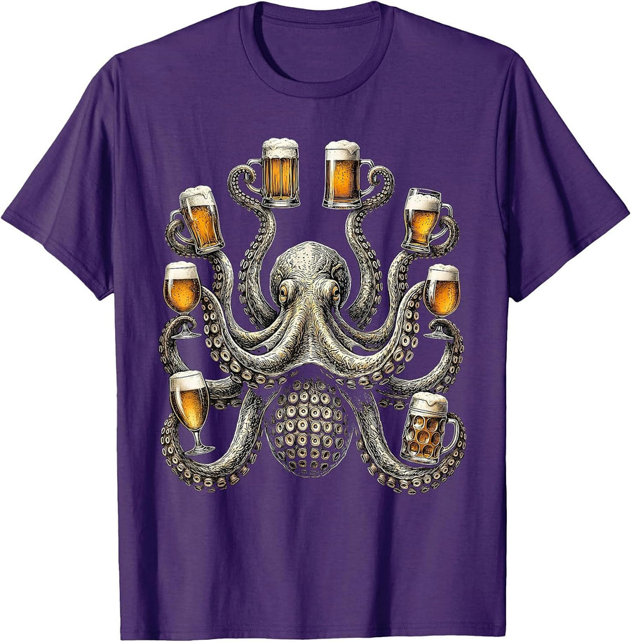 Octopus Holding Eight Beers Funny Drinking Art T-Shirt, Men, Purple, Large - As Pictured
