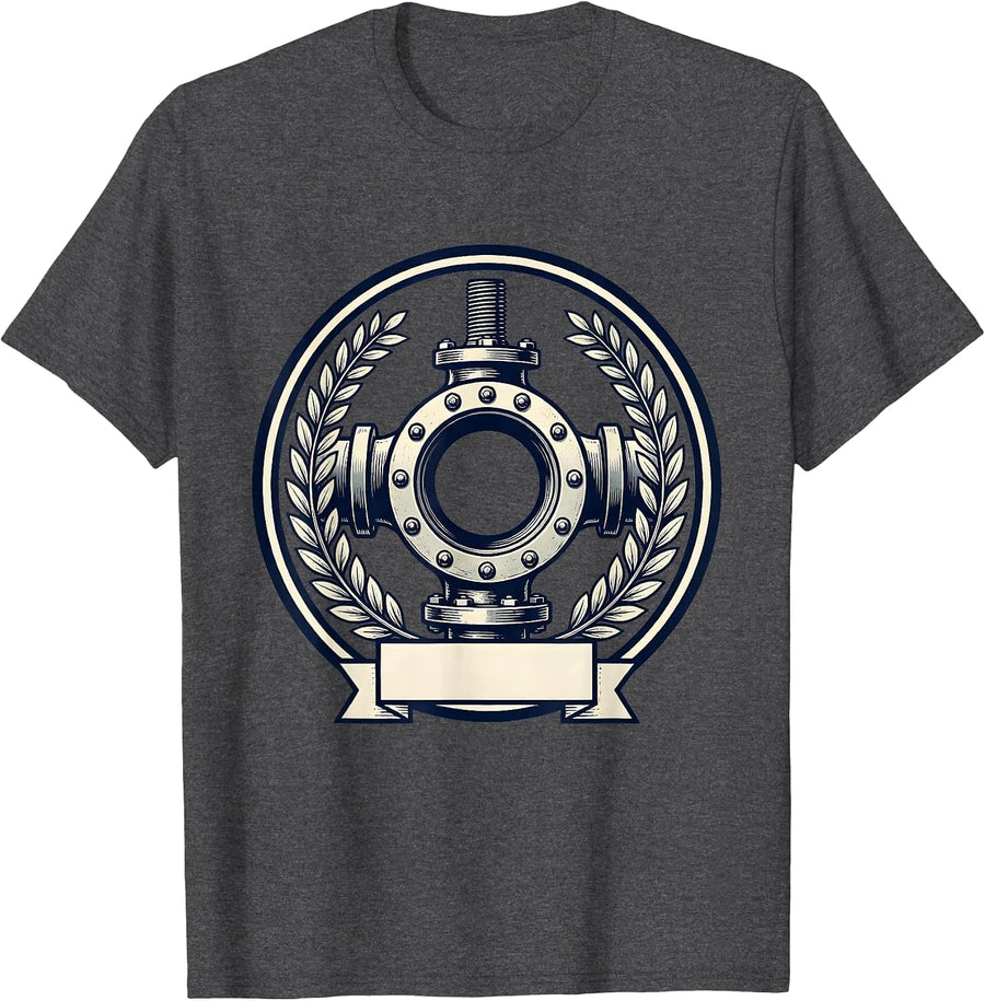 Men's Sealed Pipe Flange Emblem Funny Plumber Pipefitter Humor T-Shirt - Dark Heather Grey