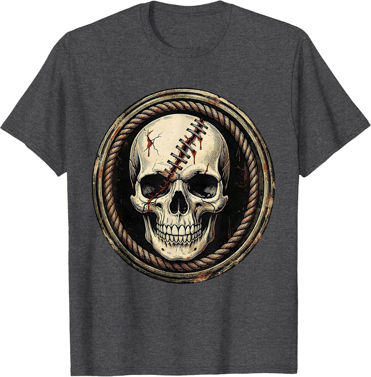 Smiling Skull Stitched Crack Bloody Horror Graphic T-Shirt - Dark Heather Grey