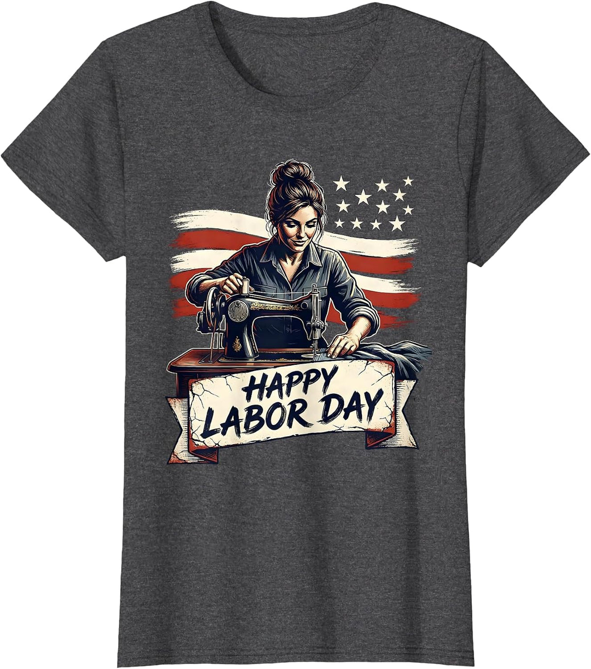 Women's Happy Labor Day Distressed Patriotic Woman Messy Bun Labor T-Shirt - Dark Heather Grey