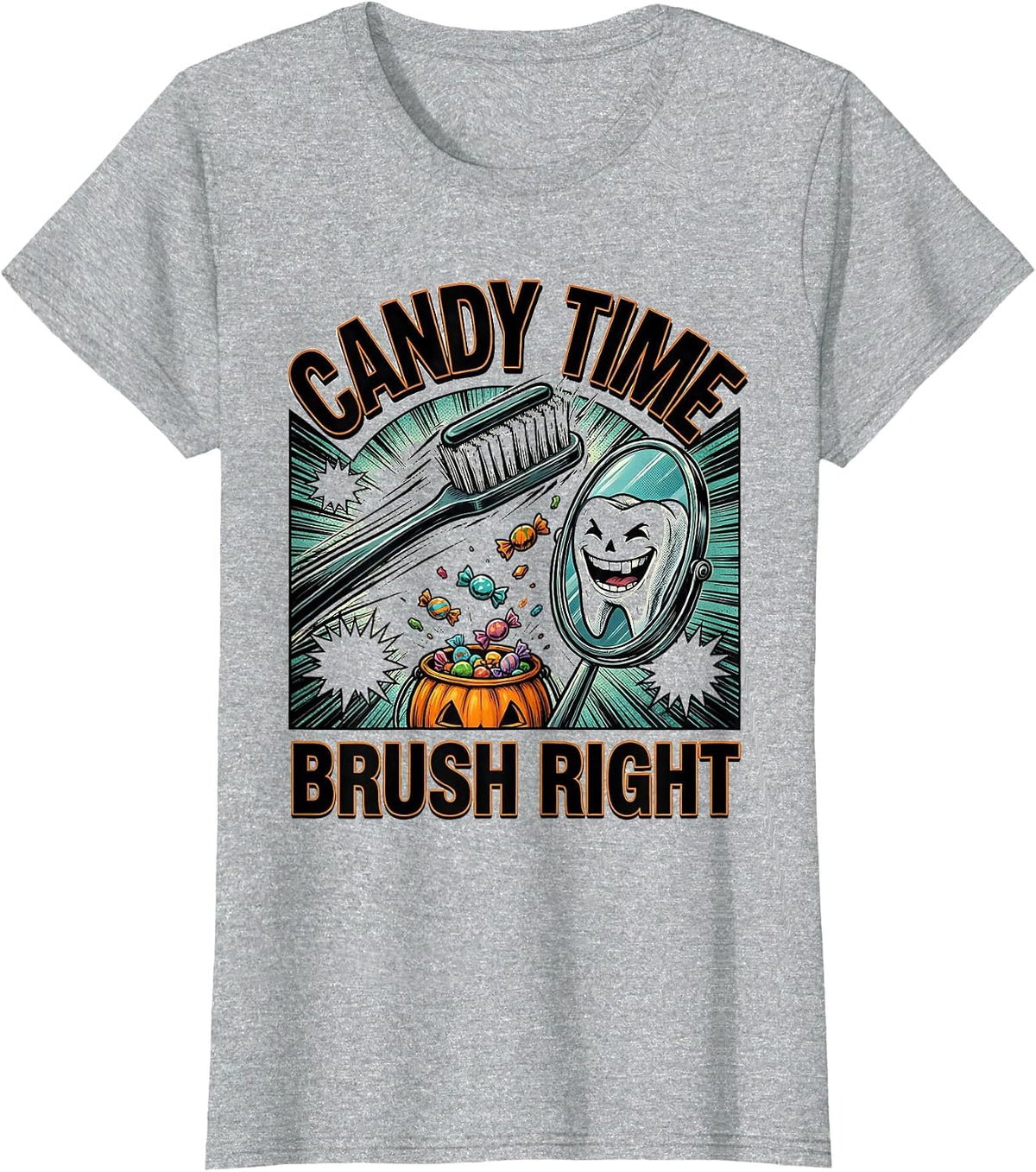 Candy Time Brush Right Comic Book Halloween Dentist Dental T-Shirt - Heather Grey
