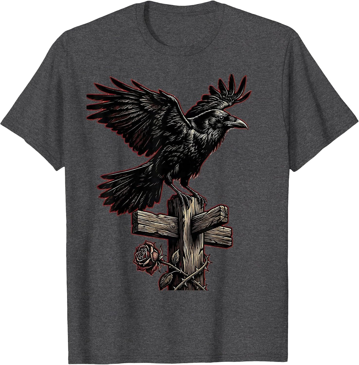 Crow Perched on Old Wooden Signpost Design T-Shirt - Dark Heather Grey
