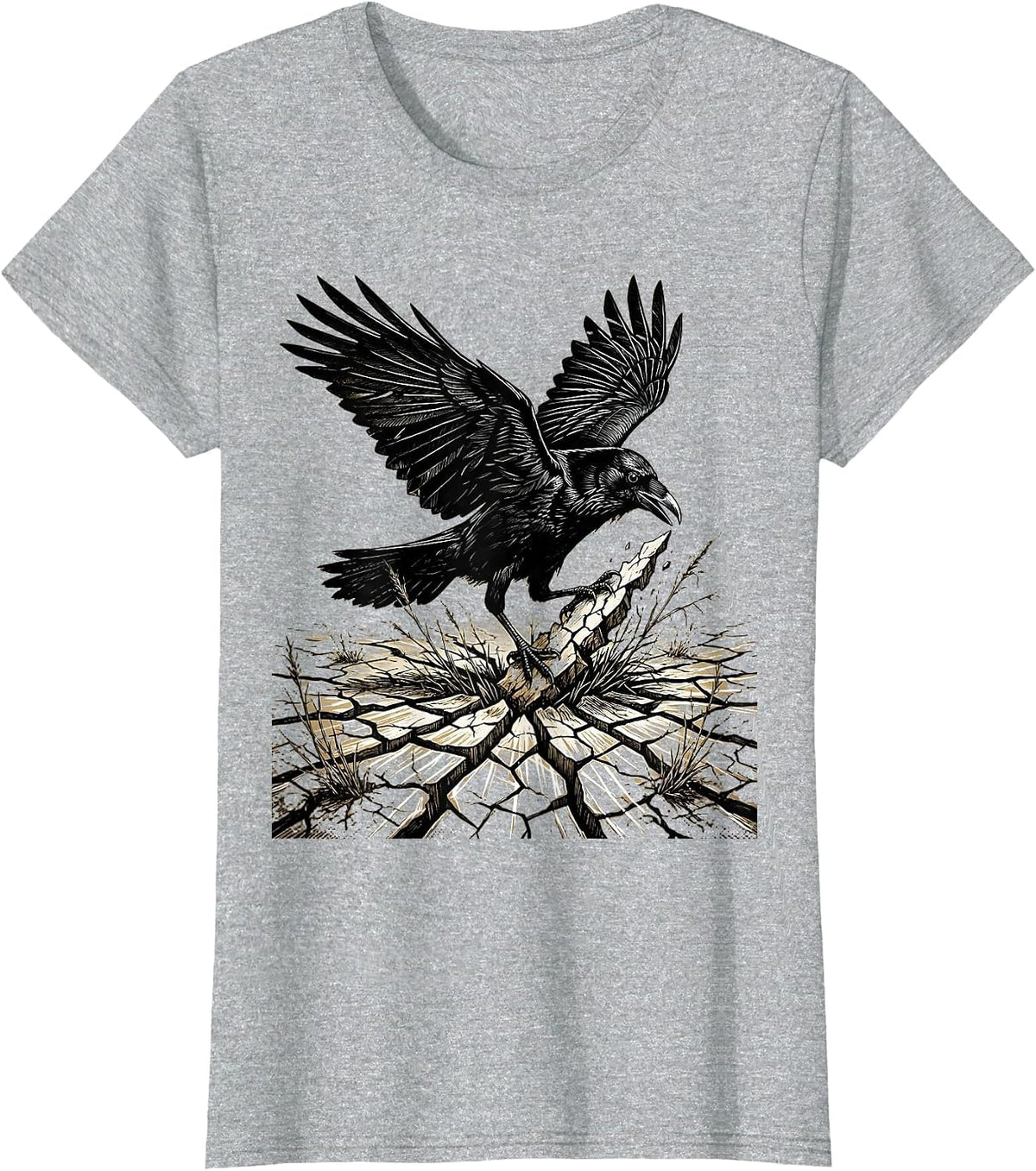 Crow Over Cracked Earth Dead Grass Illustration T-Shirt - Heather Grey