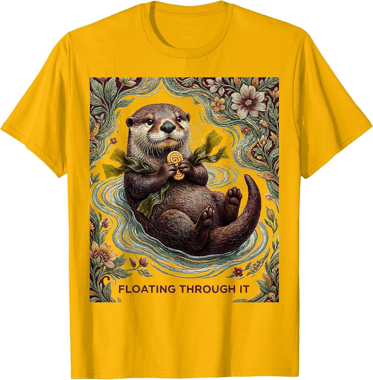 Floating Through It Sea Otter Lover Humor Tapestry T-Shirt - Golden Yellow