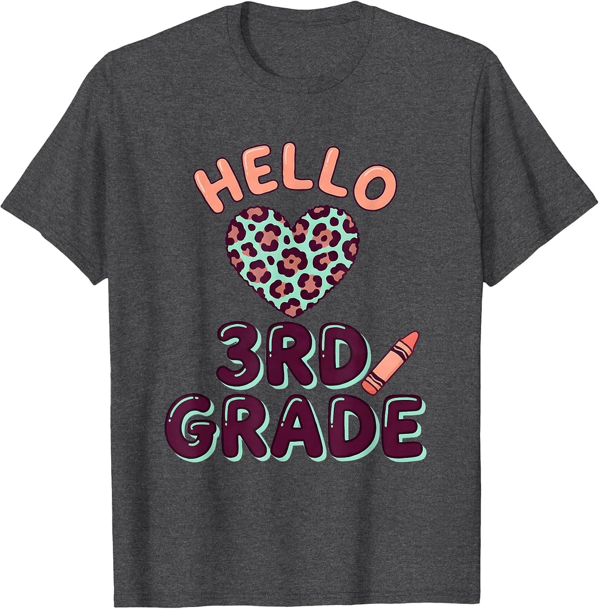 Hello 3rd Grade Cute Kawaii Leopard Heart Back To School T-Shirt - Dark Heather Grey