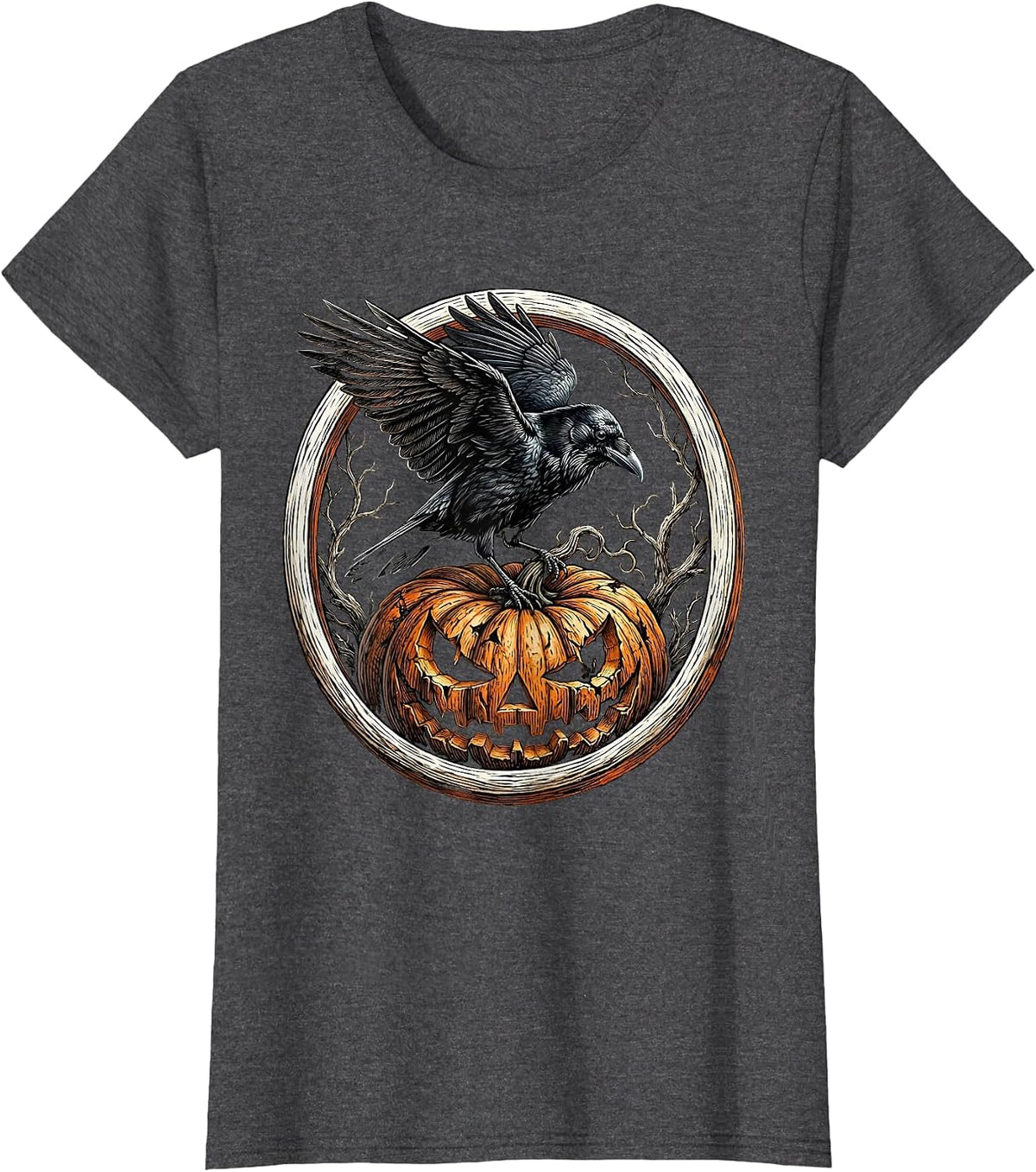Women's Crow Perched on Rotting Pumpkin Halloween Design T-Shirt - Dark Heather Grey