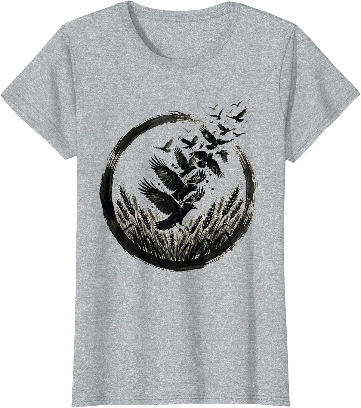Crows Bursting From Wheat Field Illustration T-Shirt - Heather Grey
