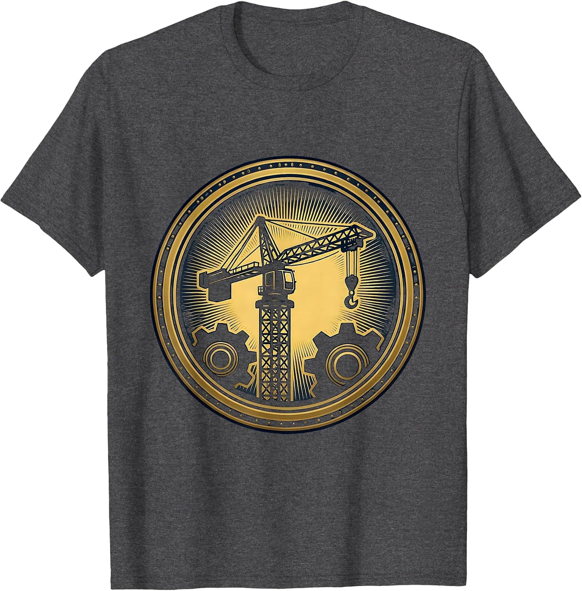 Construction Crane Silhouette Sunset Graphic T-Shirt - Dark Heather Grey