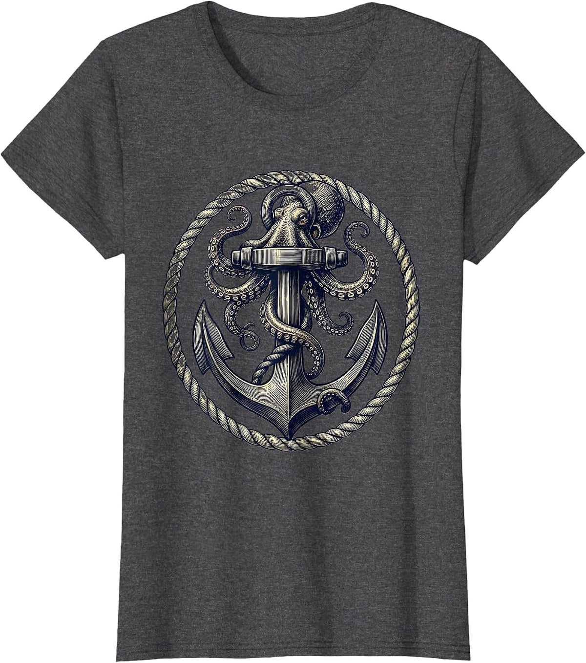 Women's Octopus Tentacles Wrapped Around Anchor Sailor T-Shirt - Dark Heather Grey