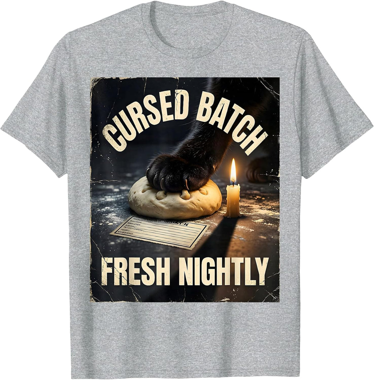 Men's Cursed Batch Fresh Nightly Distressed Black Cat Bakery Humor T-Shirt - Heather Grey