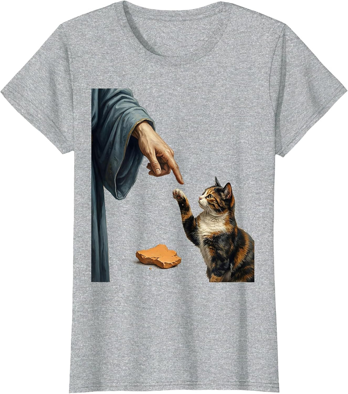 Women's Cat God Creation of Adam Parody Funny Cat Lover Gift T-Shirt - Heather Grey