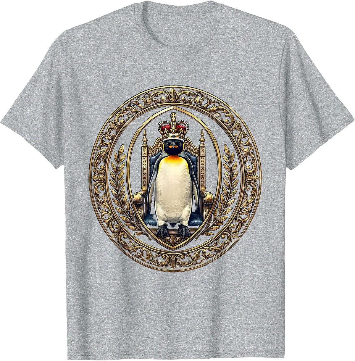 Men's Royal Penguin King Seated on Throne Illustration T-Shirt - Heather Grey