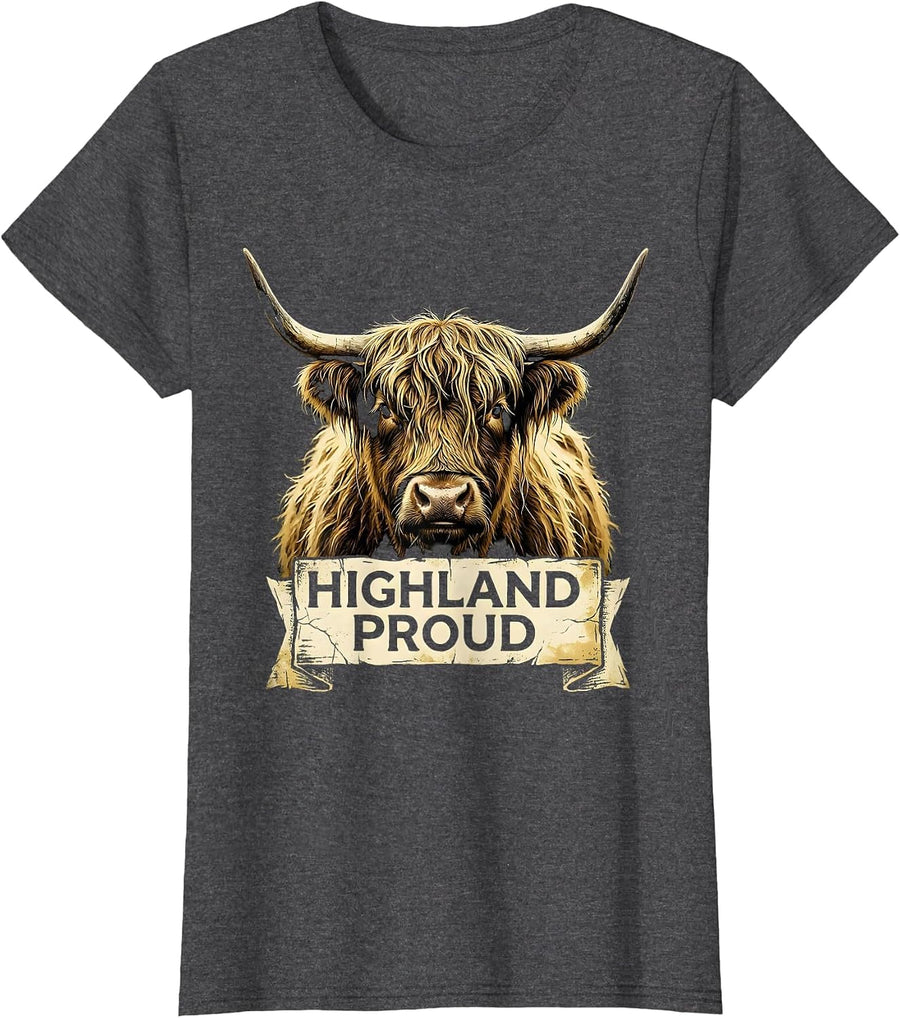 Women's Highland Proud Scottish Highland Cow Design T-Shirt - Dark Heather Grey