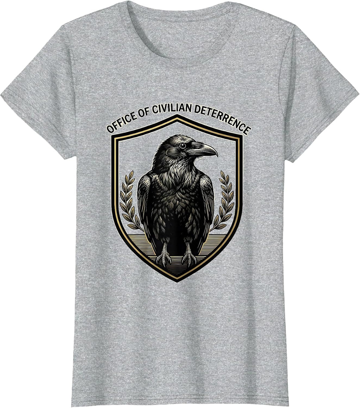 Women's OFFICE OF CIVILIAN DETERRENCE Funny Crow Dark Humor Gothic T-Shirt - Heather Grey