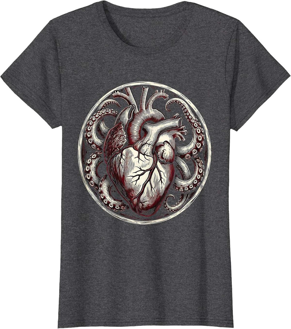 Women's Octopus Heart Squeeze Graphic Design T-Shirt - Dark Heather Grey