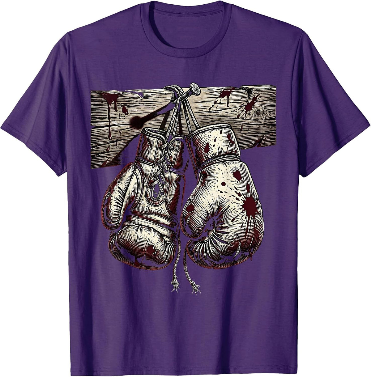 Men's Bloodied Boxing Gloves Hanging From Nail T-Shirt - Purple