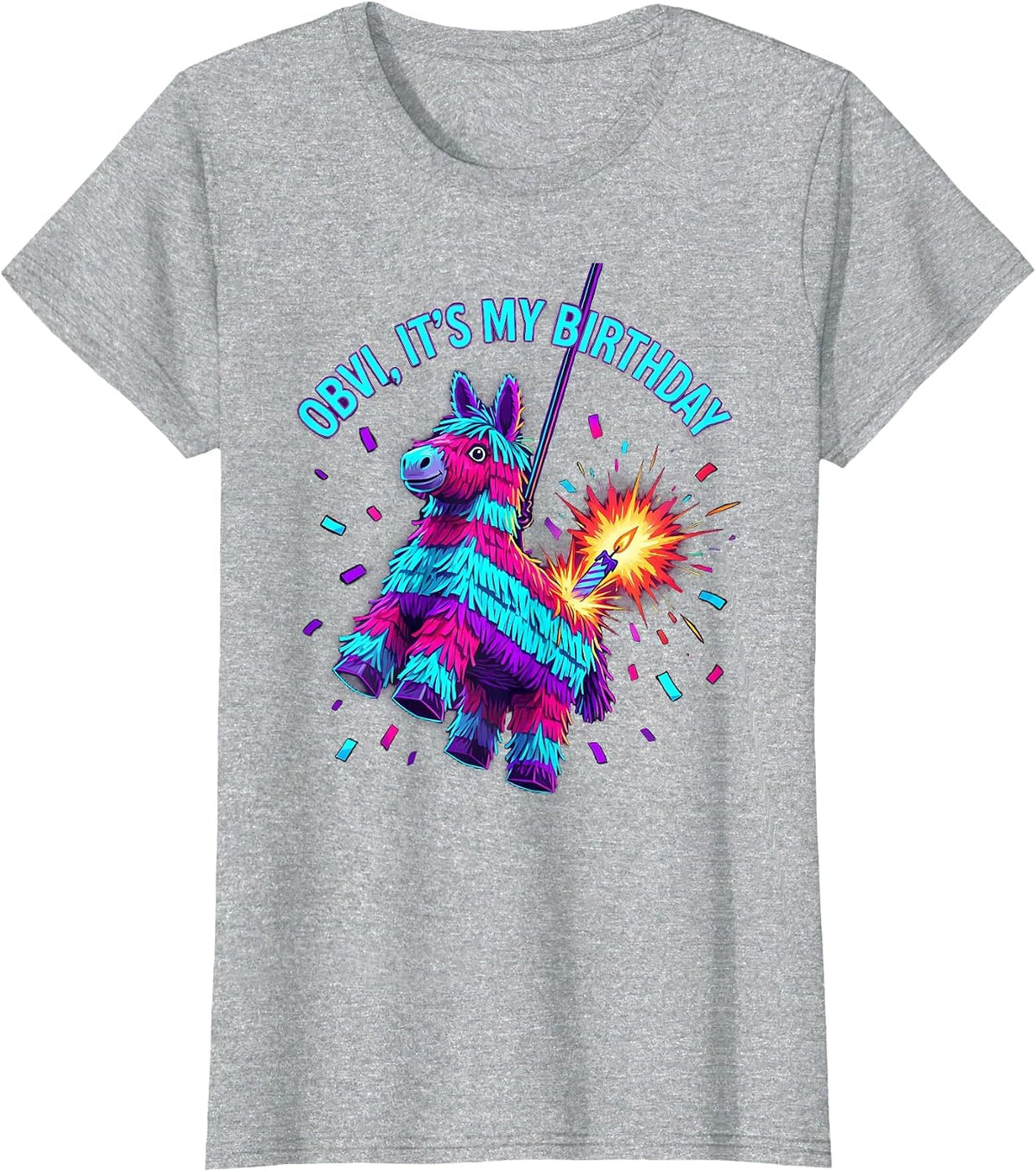 Women's OBVI IT'S MY BIRTHDAY Funny Llama Pinata Gamer Bday Boy T-Shirt - Heather Grey