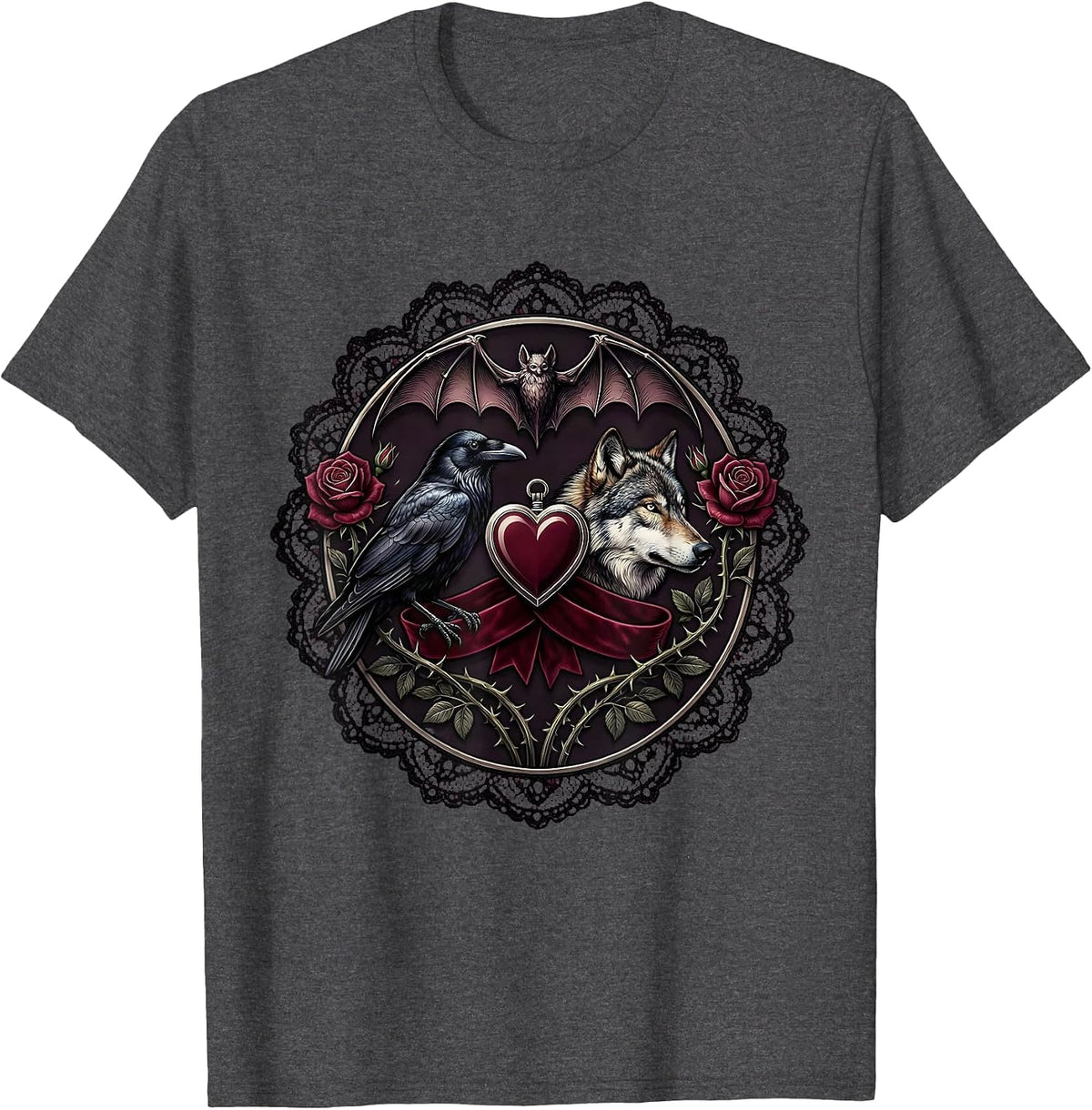 Men's Crow and Wolf Side by Side Wildlife Art Design T-Shirt - Dark Heather Grey
