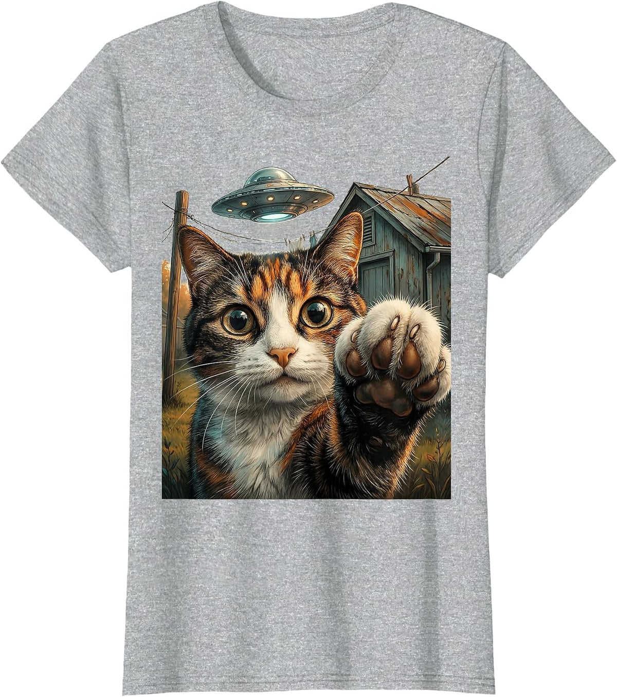 Startled Cat UFO Selfie Funny Cat Lover Gift T-Shirt - Heather Grey
