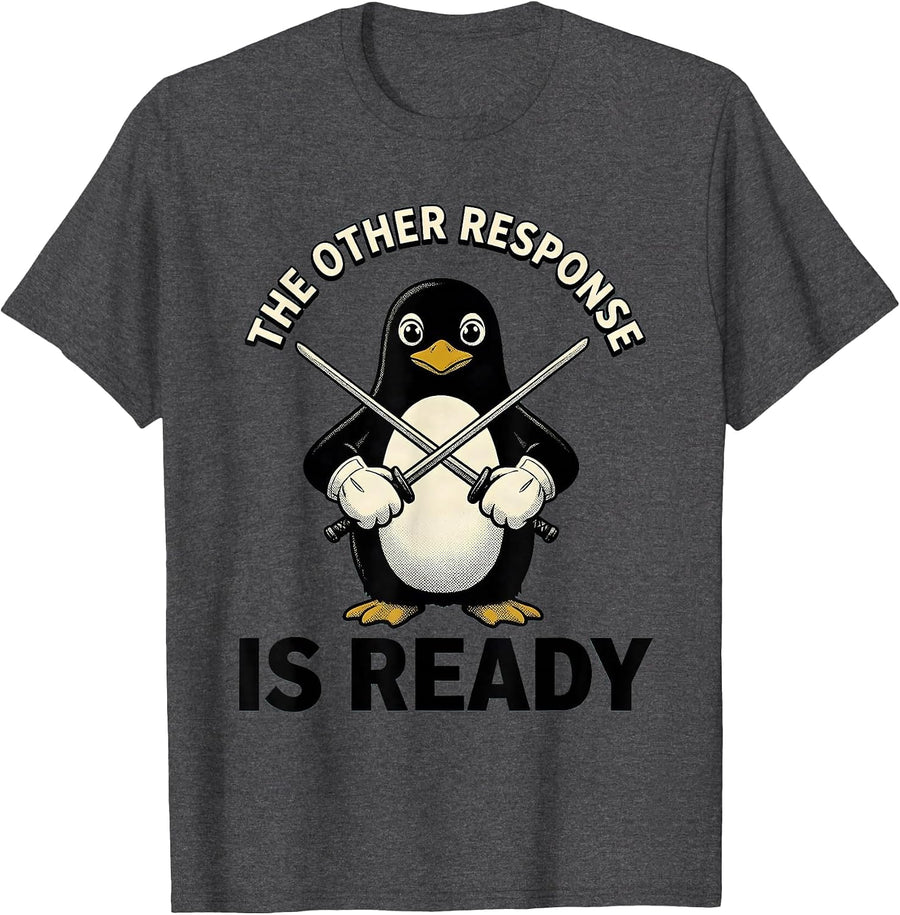 Men's The Other Response Is Ready Retro Cartoon Penguin Martial T-Shirt - Dark Heather Grey