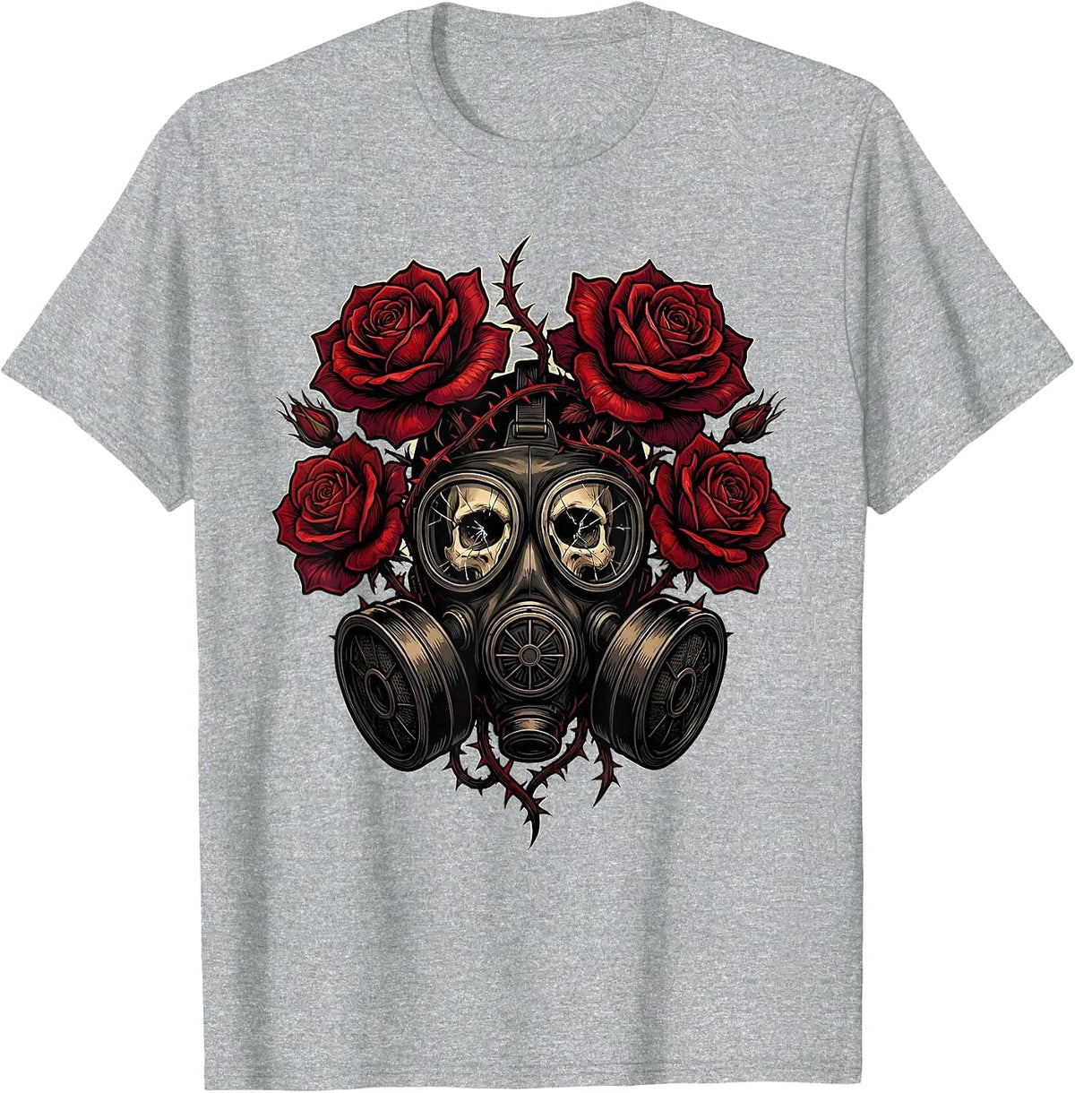 Men's Grunge Gas Mask Floral Growth Illustration T-Shirt - Heather Grey