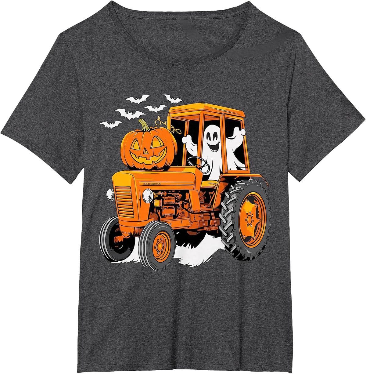 Farmer Tractor Ghost and Pumpkin Halloween Costume T-Shirt - Dark Heather Grey
