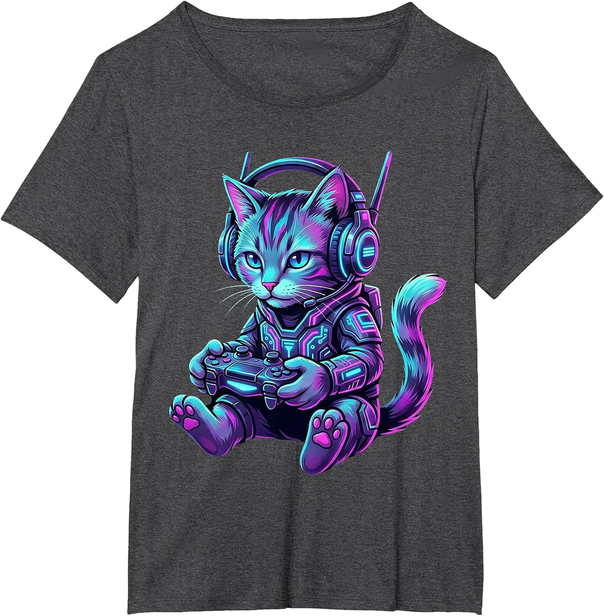 Funny Cyberpunk Cat Gamer Teen Boy Video Gaming for Men Kids T-Shirt - Dark Heather Grey