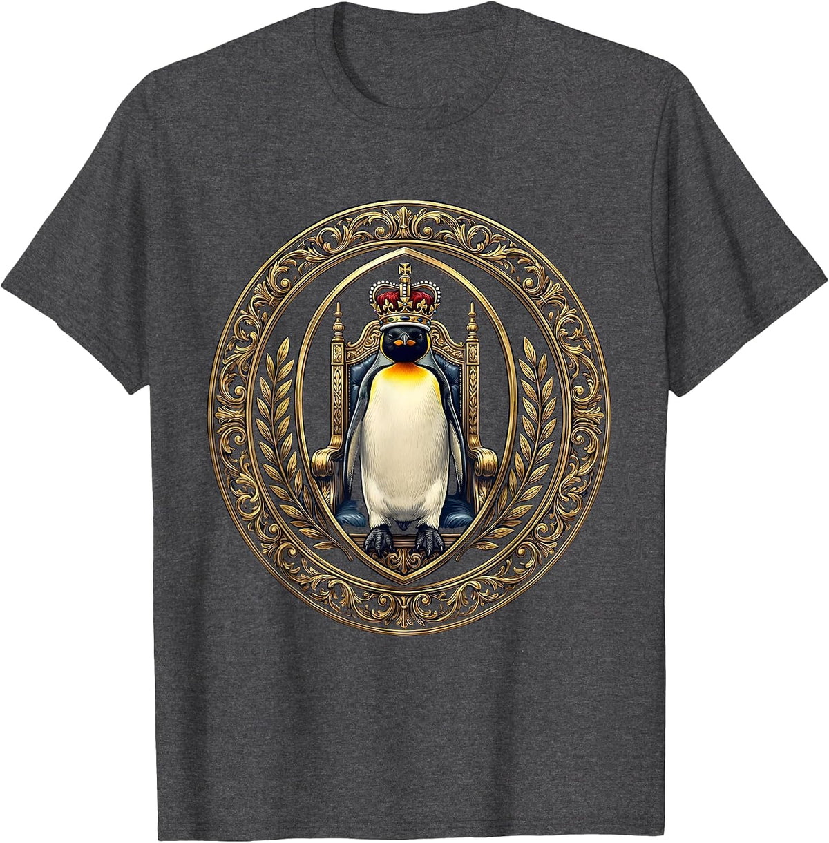 Men's Royal Penguin King Seated on Throne Illustration T-Shirt - Dark Heather Grey