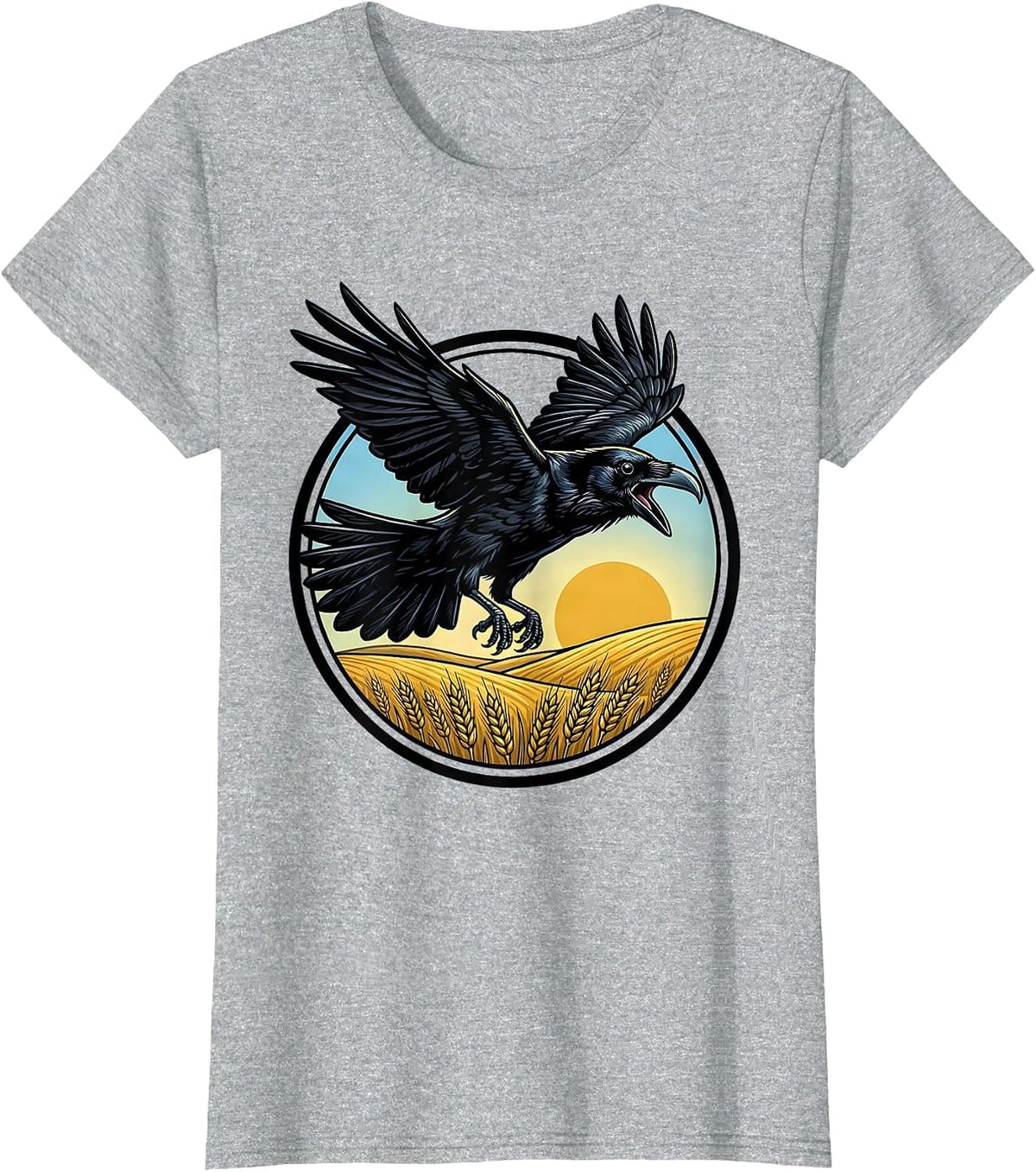 Women's Crow Mid-Swoop Over Open Field Illustration T-Shirt - Heather Grey