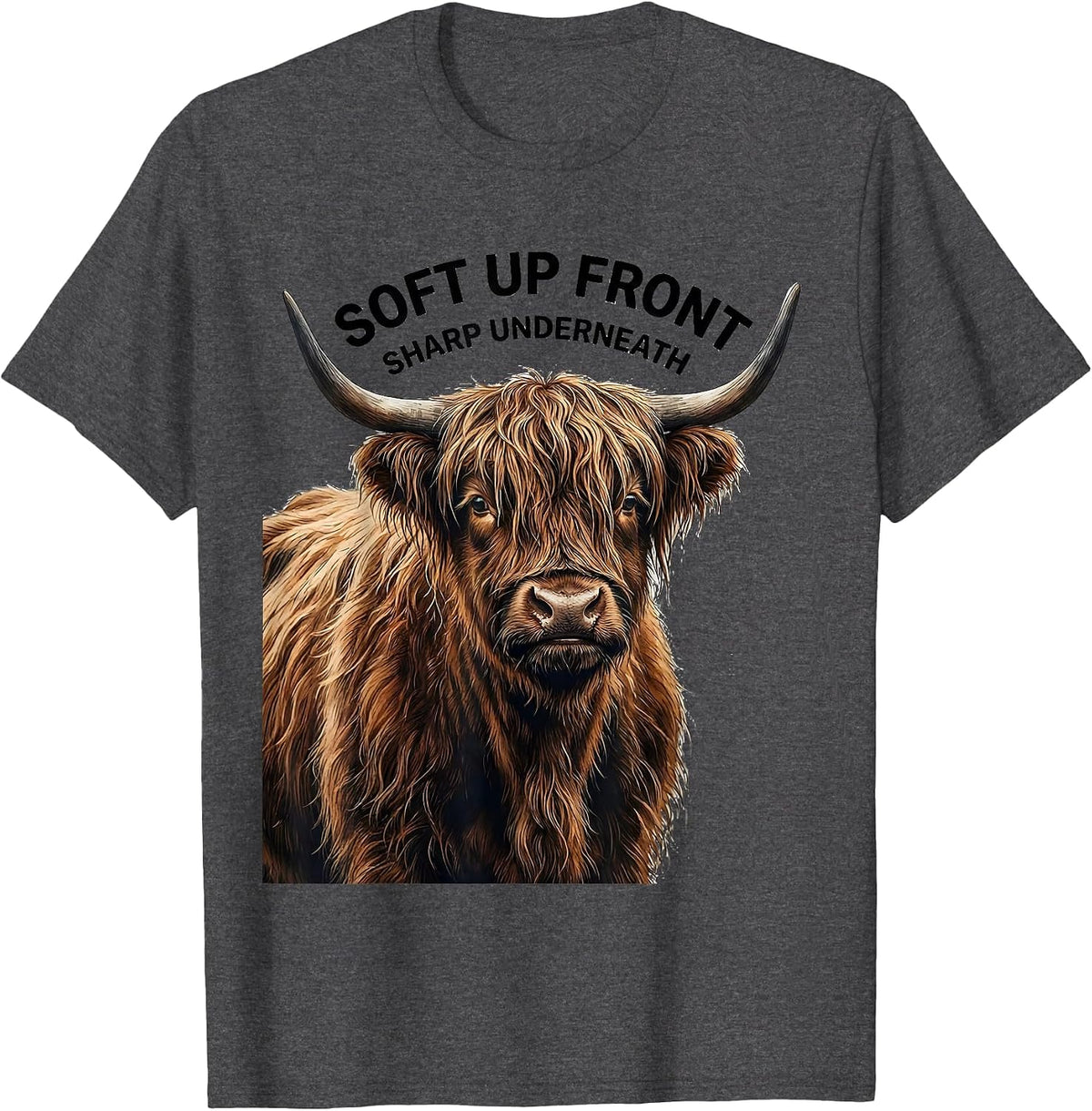 Men's Soft Up Front Sharp Underneath Funny Highland Cow Cute T-Shirt - Dark Heather Grey