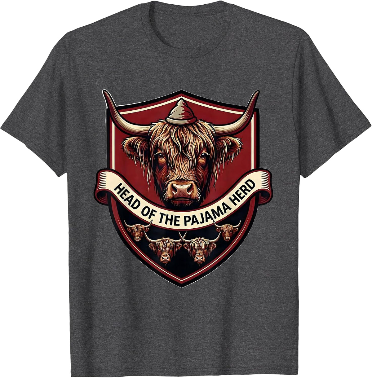 Head of the Pajama Herd Cute Highland Cow Christmas Pajama T-Shirt - Dark Heather Grey