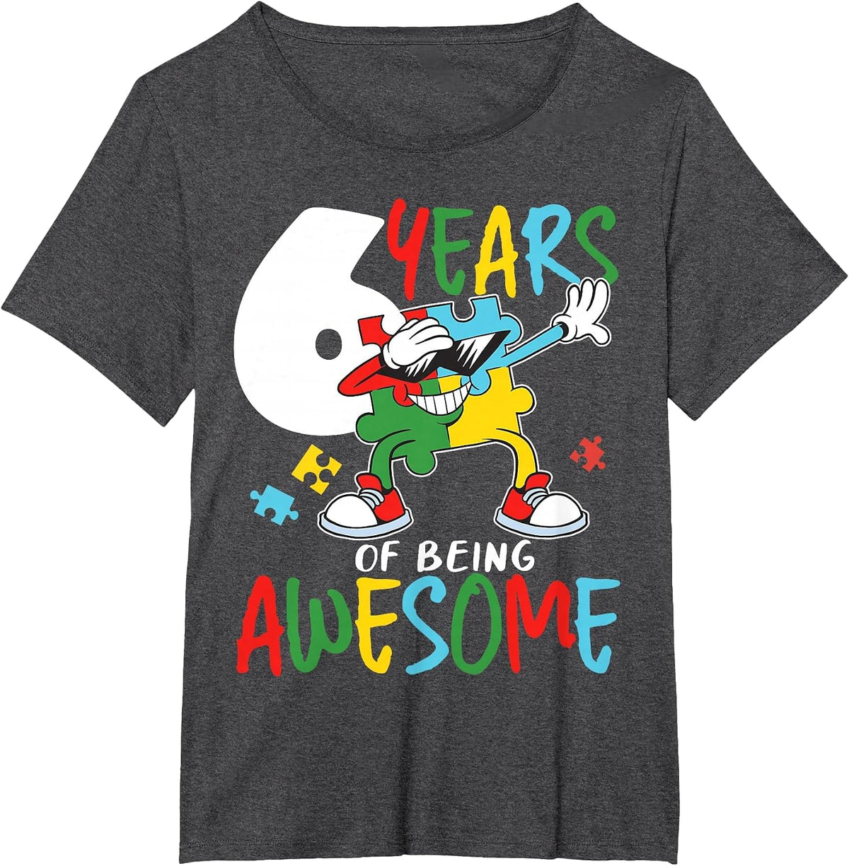 6 Year Old Autism Awareness Birthday Boy Girl T-Shirt - Dark Heather Grey