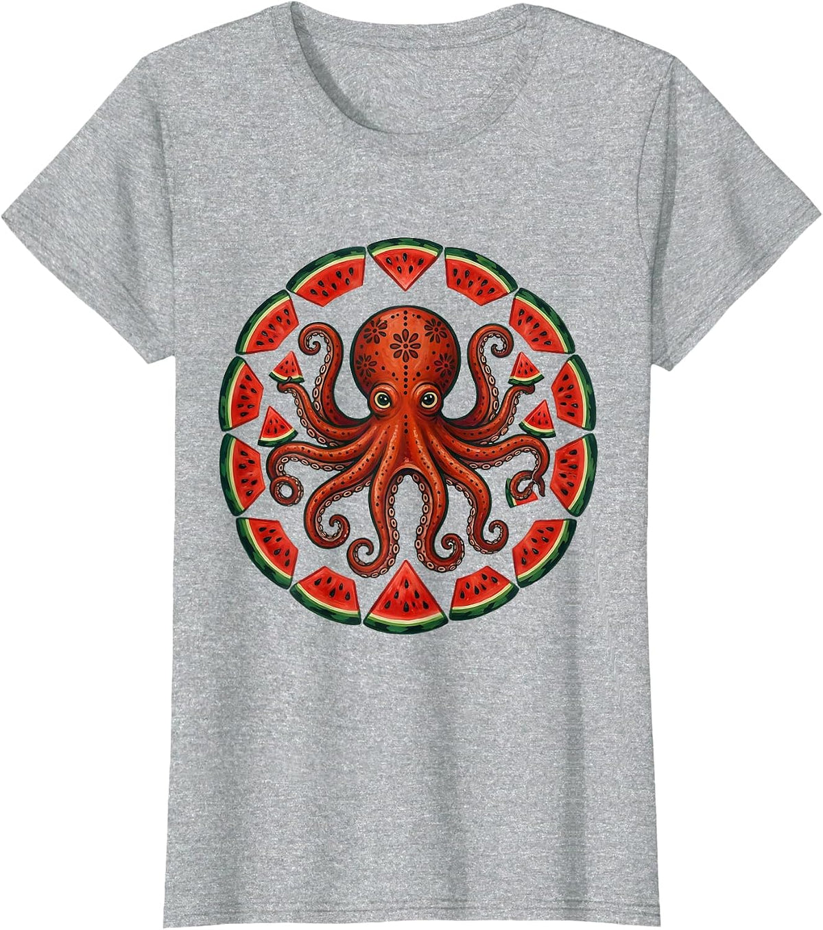 Women's Octopus Watermelon Slice Funny Summer Design T-Shirt - Heather Grey
