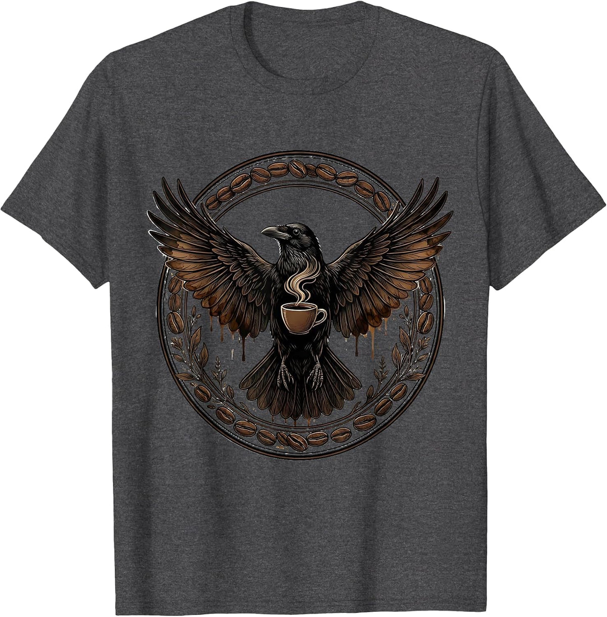 Men's Crow With Coffee-Stained Wings Outstretched T-Shirt - Dark Heather Grey