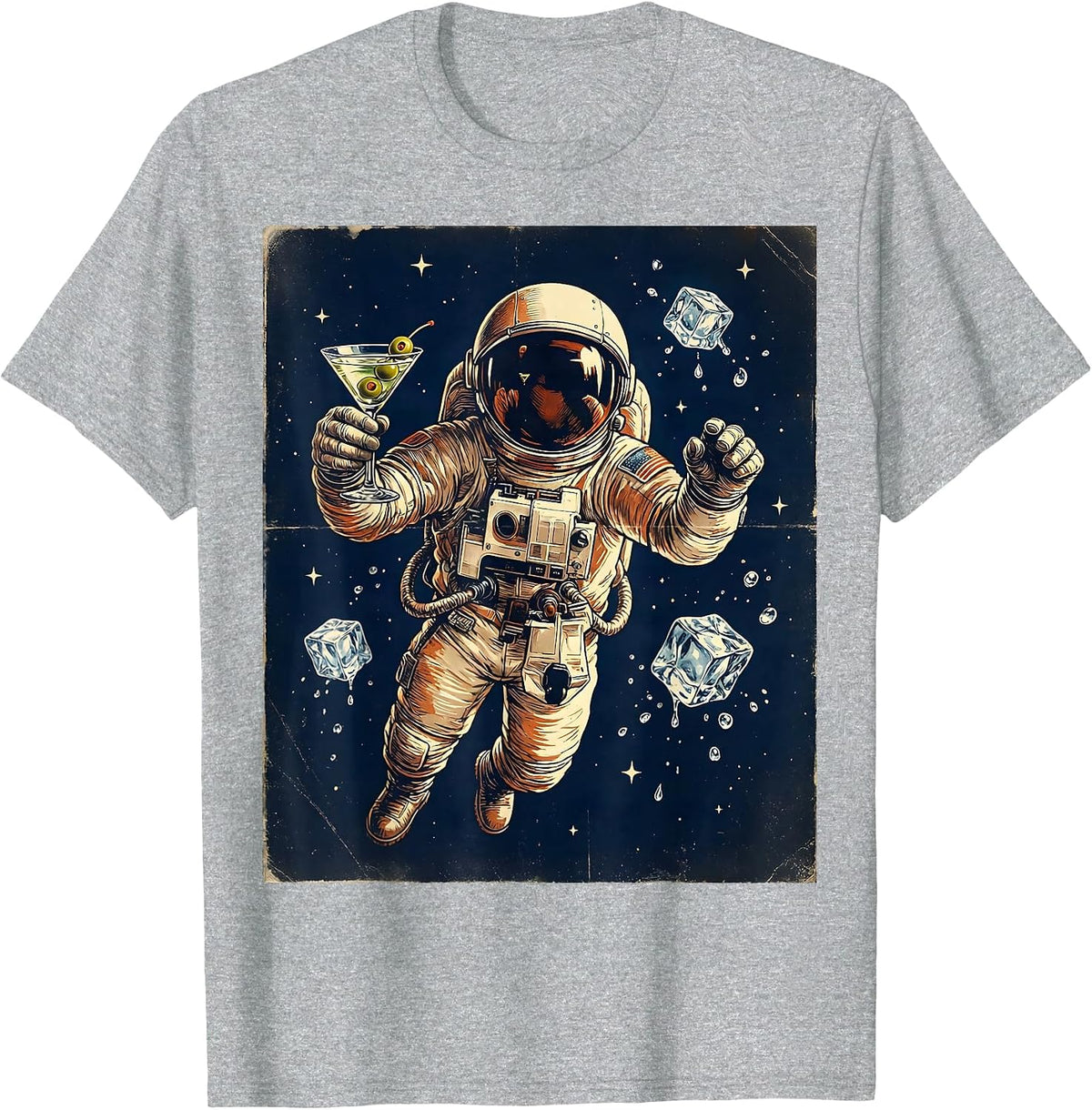 Men's Astronaut Floating With Cocktail in Space T-Shirt - Heather Grey