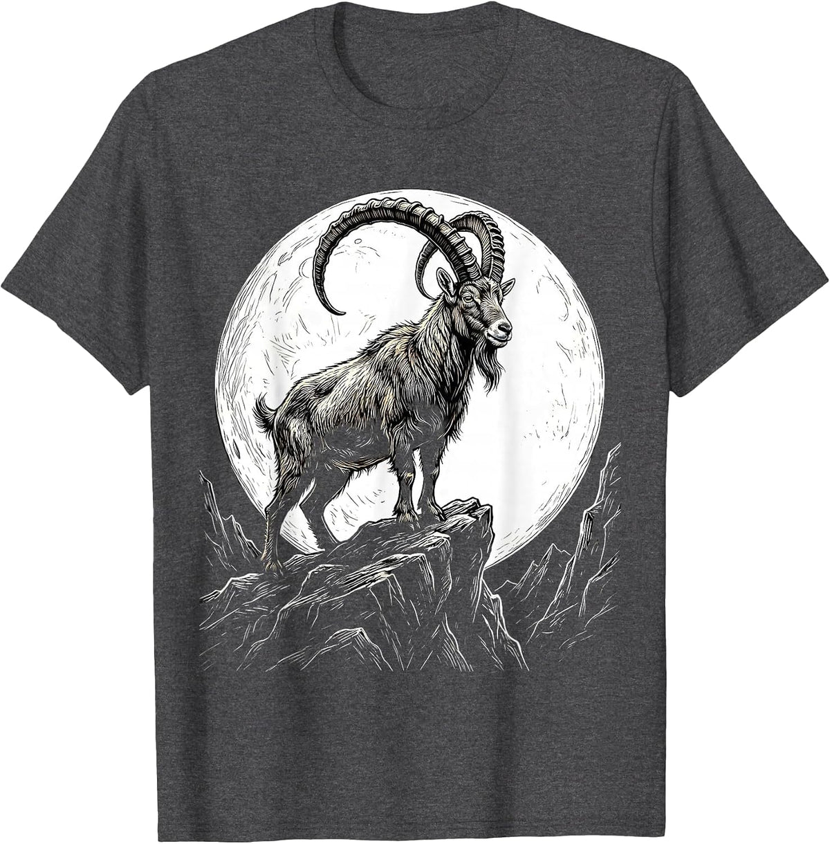 Men's Goat Silhouette Full Moon Graphic Design T-Shirt - Dark Heather Grey