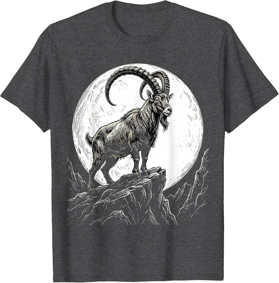 Men's Goat Silhouette Full Moon Graphic Design T-Shirt - Dark Heather Grey
