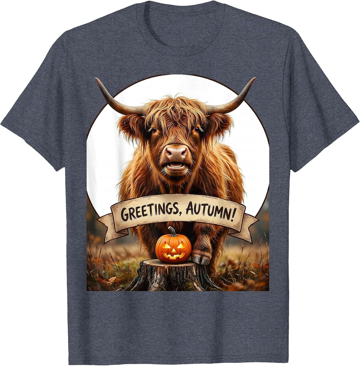 Greetings, Autumn! Whimsical Highland Cow Fall Halloween T-Shirt - Heather Blue