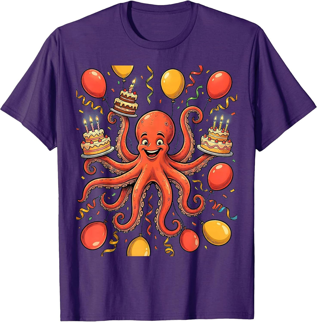 Men's Octopus Birthday Party Balloon Celebration Graphic T-Shirt - Purple