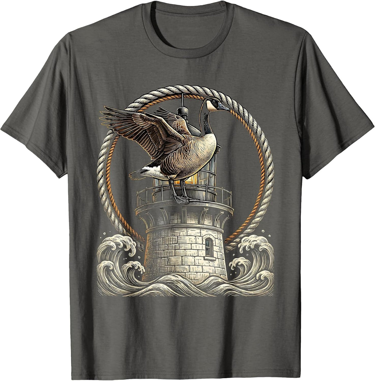 Goose on a Vintage Lighthouse Graphic T-Shirt - Asphalt Grey