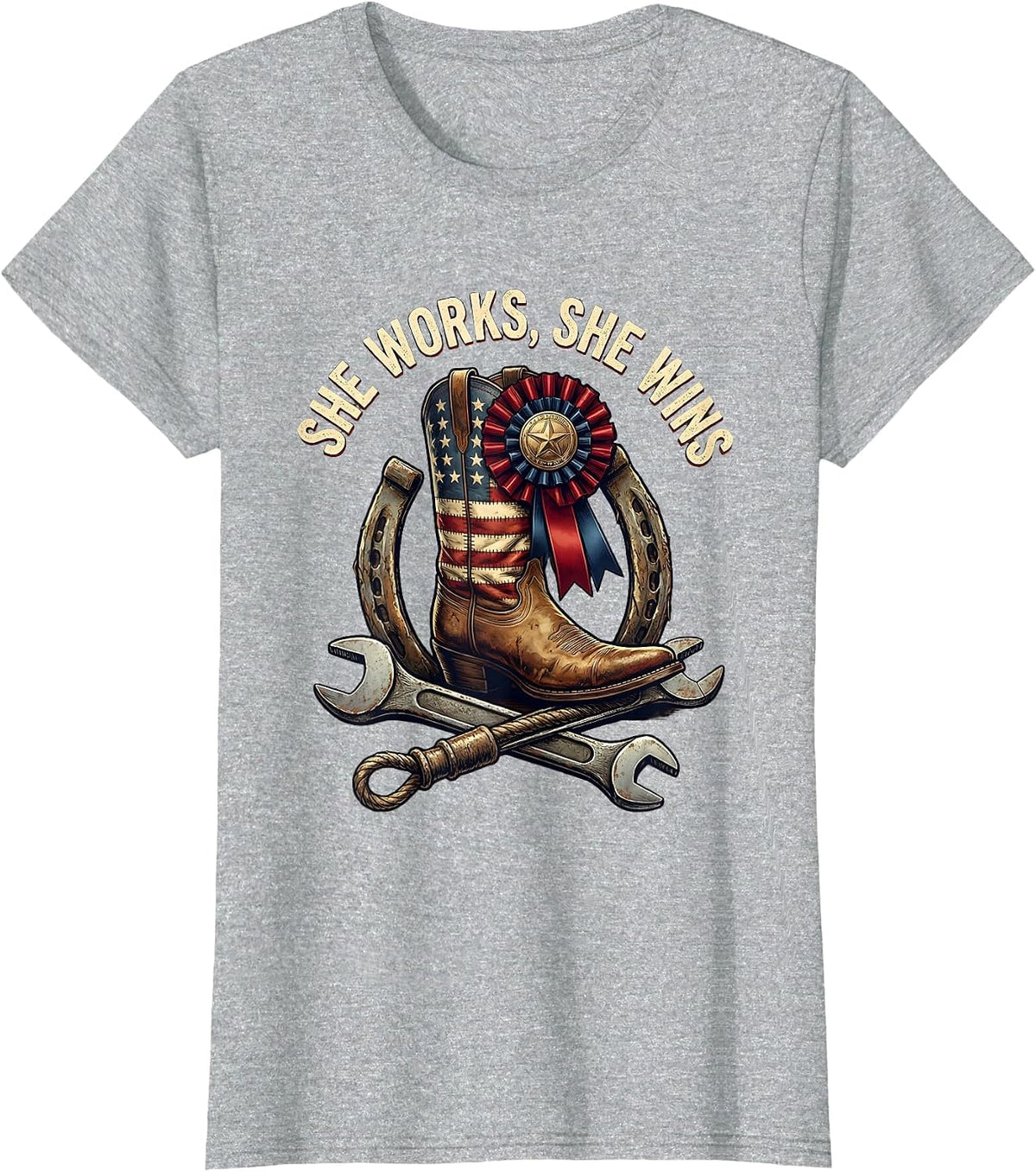 She Works She Wins Labor Day Graphic Design T-Shirt - Heather Grey