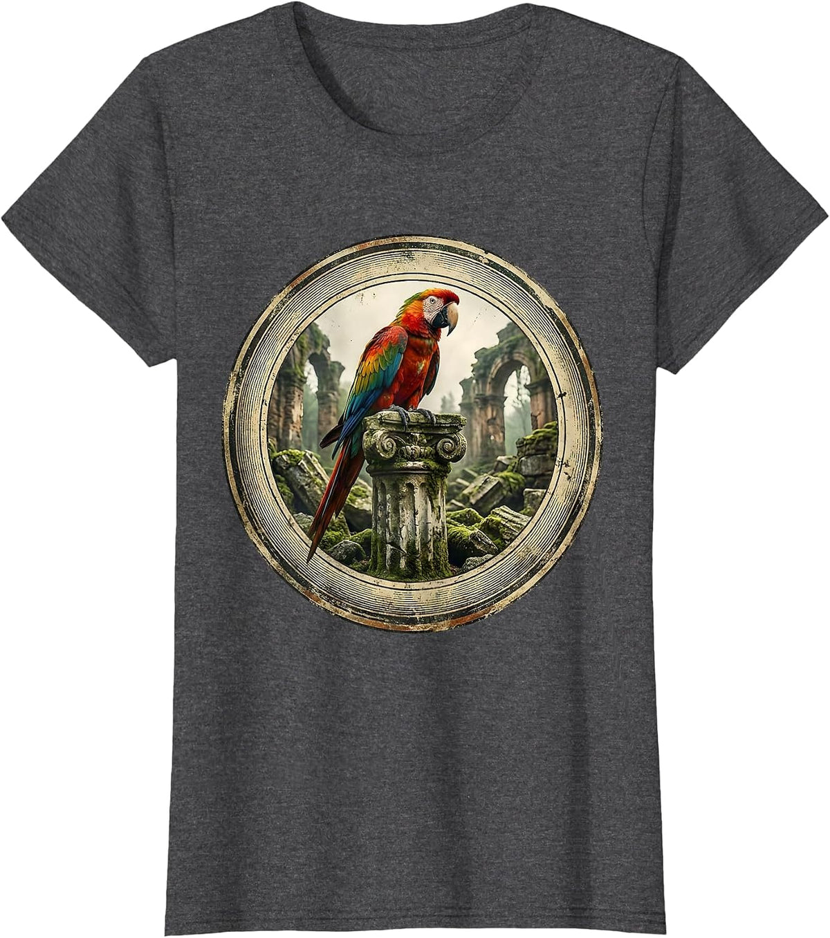 Women's Parakeet on Stone Ruins Graphic Design T-Shirt - Dark Heather Grey
