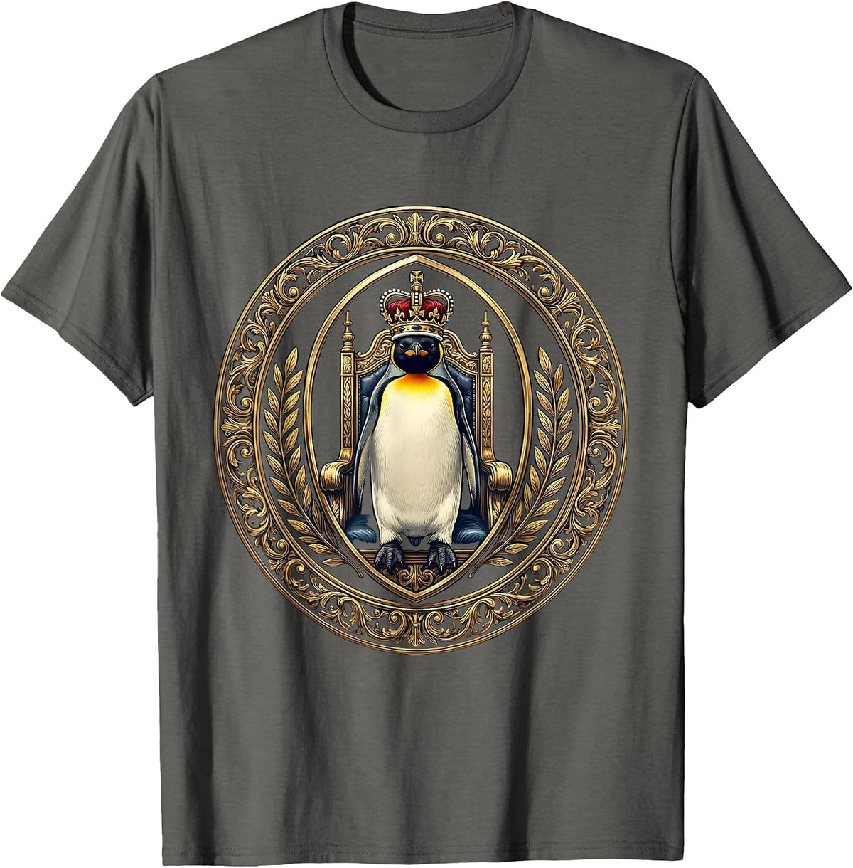 Men's Royal Penguin King Seated on Throne Illustration T-Shirt - Asphalt Grey