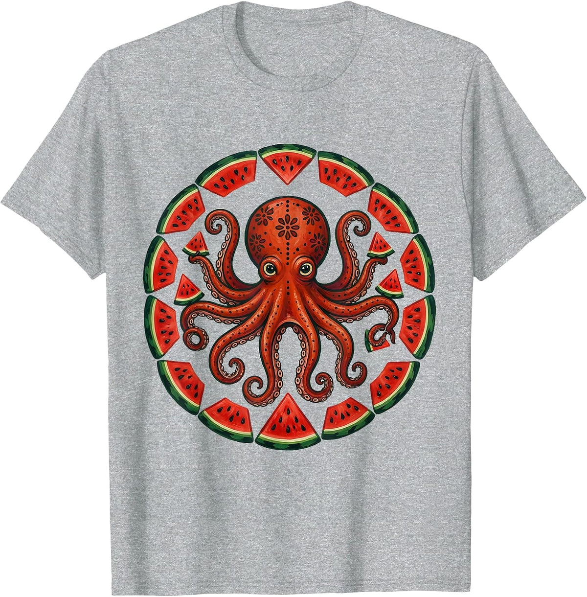 Men's Octopus Watermelon Slice Funny Summer Design T-Shirt - Heather Grey