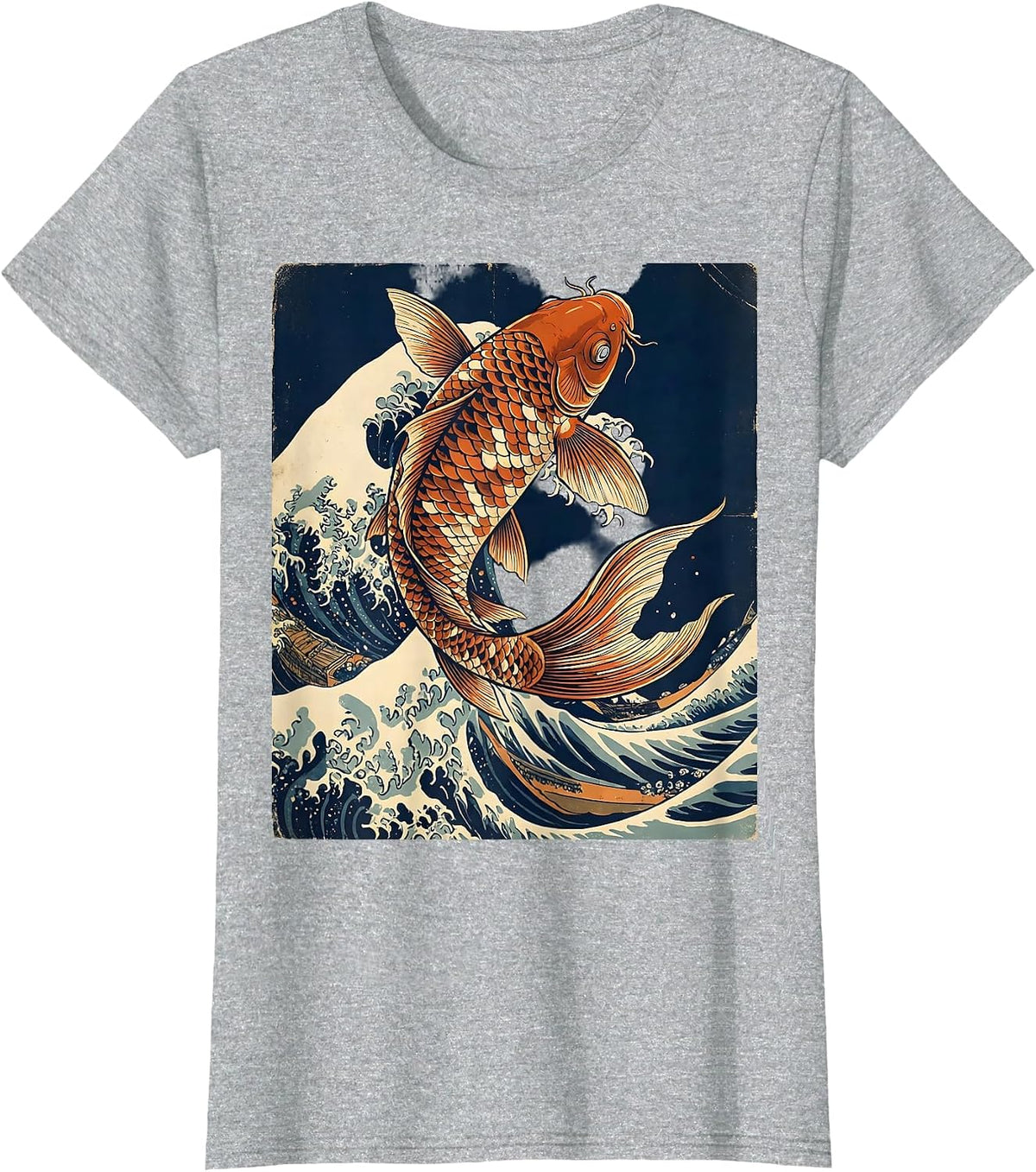 Koi Fish Leaping Through Crashing Wave T-Shirt - Heather Grey