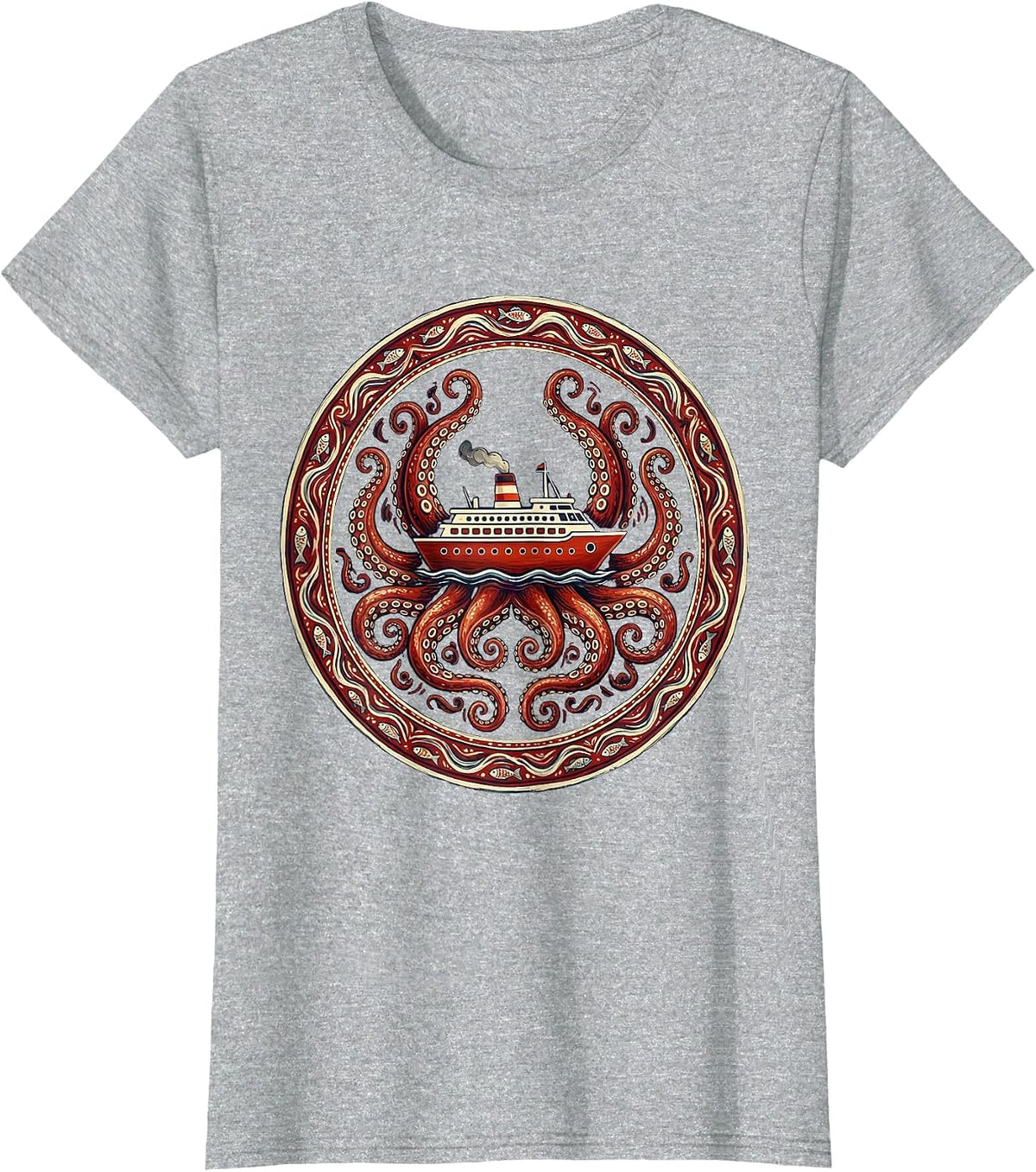 Giant Octopus Hugging Cruise Ship Illustration T-Shirt - Heather Grey