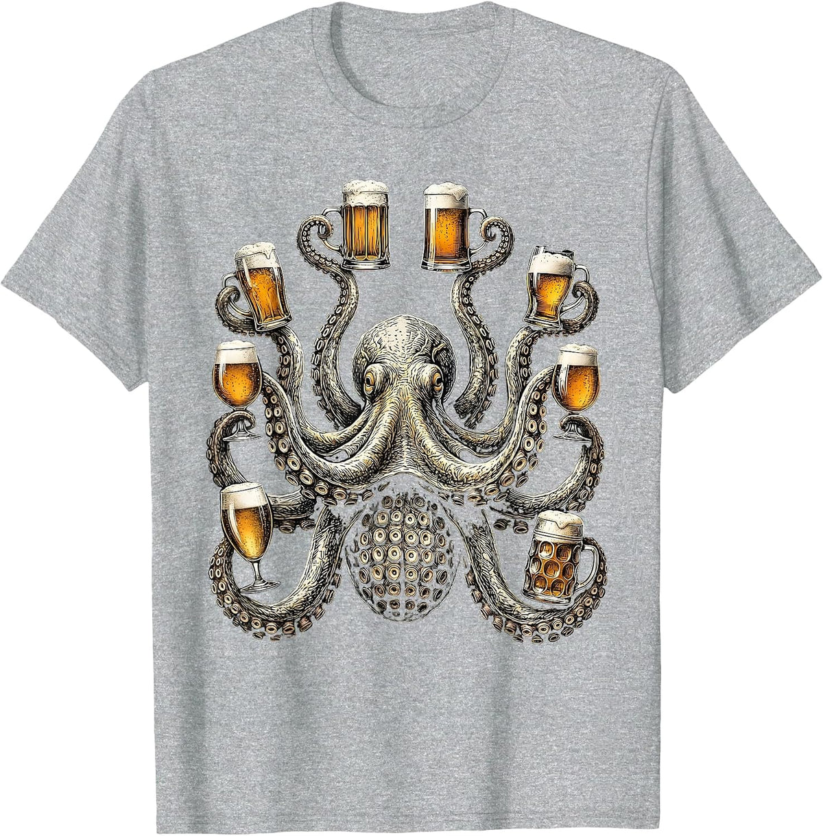 Octopus Holding Eight Beers Funny Drinking Art T-Shirt, Men, Heather Grey, Small - As Pictured