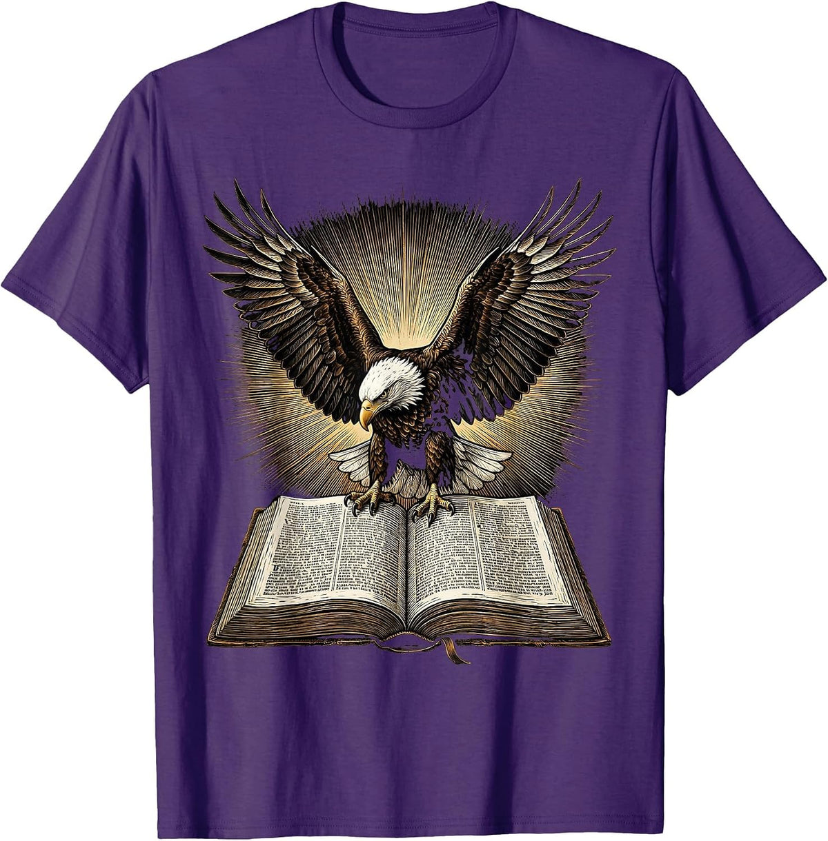 Men's Bald Eagle Over Bible Patriotic Christian Graphic T-Shirt - Purple
