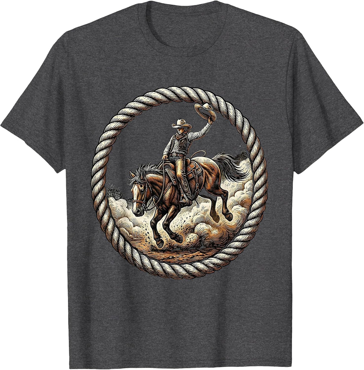 Cowboy Riding Bucking Bronco Dust Cloud Graphic T-Shirt - Dark Heather Grey